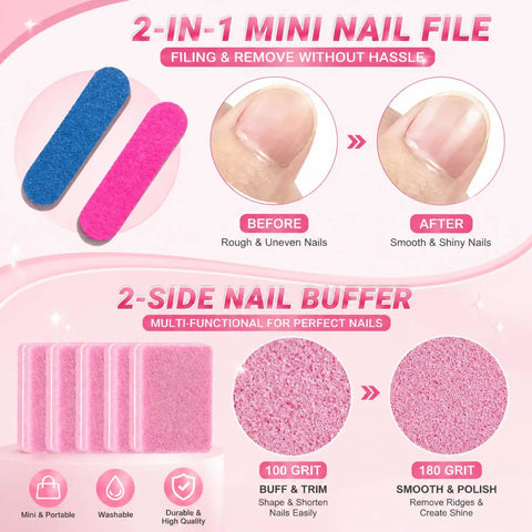 2-in-1 mini nail file and 2-side buffer from 20 Piece Disposable Press On Nail Prep Kit With Files And Buffers Nail Glue And Remover Adhesive Tabs Prep Pads Sticks Alcohol Wipes Holographic Bag For At Home DIY Nail Biz