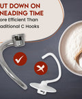 Stainless Steel Spiral Dough Hook For KitchenAid Stand Mixers Fits 4.5 Quart And 5 Quart Tilt Head Models Bake Artisanal Bread And Pizza Like A Boss With Faster Kneading Action, next to traditional C hook on table with flour bowl.