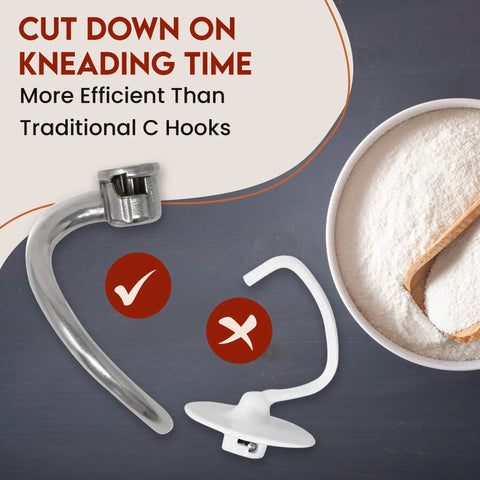 Stainless Steel Spiral Dough Hook For KitchenAid Stand Mixers Fits 4.5 Quart And 5 Quart Tilt Head Models Bake Artisanal Bread And Pizza Like A Boss With Faster Kneading Action, next to traditional C hook on table with flour bowl.