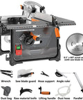 8.5 Inch Dust Free Table Saw With Beast Mode Motor And No Fuss Accuracy delivering precise cuts, equipped with accessories for woodworking.