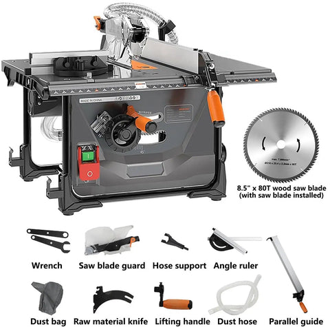 8.5 Inch Dust Free Table Saw With Beast Mode Motor And No Fuss Accuracy delivering precise cuts, equipped with accessories for woodworking.