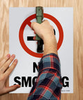Person stapling Pack Of Five Beefy 12 X 9 Inch No Smoking Signs Bold Warning Icon Screen Printed On Sturdy 10 Mil Polystyrene Plastic