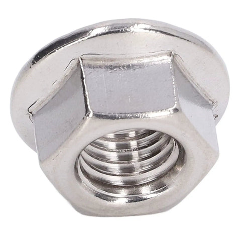 Close-up of a stainless steel flange nut from the 50 Piece Stainless Steel Flange Nut Set A2 70 DIN1587 Built To Last Rustproof Locking Nuts