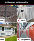 Not intended for outdoor use with gates, fences, sheds, or storage units. Image showing various unsuitable uses for Dial Combination Locker Padlock With Purple Dial, 1.875 Inch Wide And 0.75 Inch Shackle, Keyless Convenience For School Lockers And Gym Locks, Easy Three Digit Preset Security.