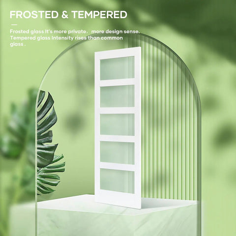 Dope White Frosted Glass Barn Door 30 X 84 Inch Size displayed against a green background, highlighting its sleek design.
