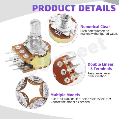 Sixteen Sets Of Eight Type B Potentiometers Featuring 1K 5K 10K 50K 100K 250K 500K And 1M Ohm Six Pin Split Shaft Rotary Linear Dual Taper Aluminum Alloy Knob Variants Plus Washers And Nuts Kit