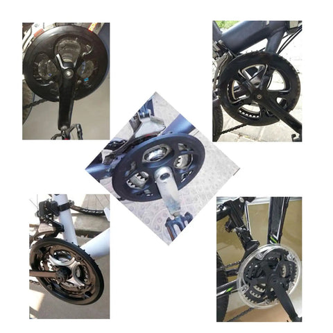 Collage of a bike chainring guard 42T protector cover for mountain bike crankset shield to prevent pants scrapes and oil stains durable gray chain wheel guard for off road riding
