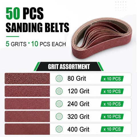 50 piece sanding belt kit with 5 grits, including 80, 120, 240, 320, and 400 grit for the Compact Mini Bench Belt Sander.