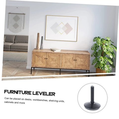 Premium Set Of Four Furniture Levelers Featuring Swivel Foot Screws for quick height adjustment under a wooden cabinet.