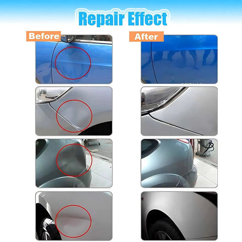 Before and after images showing dent removal with Auto Body Paintless Dent Repair Kit With 1.38kW Dent Puller Digital Display.