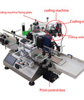 Automatic Desktop Round Bottle Labeling Machine With Conveyor Applicator For Cosmetics Beverages And Food Runs Twenty To Thirty Bottles Per Minute At One Hundred Ten Volts Hassle Free Plug And Play Setup with coding features and control panel.