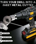 Sheet Metal Cutter Nibbler Drill Attachment With Titanium Steel Gear for stronger bite, fits 12V to 21V drills on black background