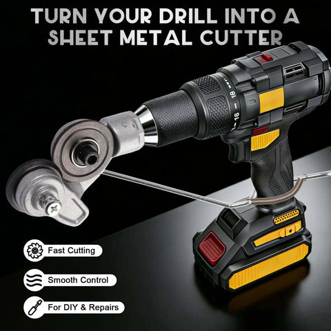 Sheet Metal Cutter Nibbler Drill Attachment With Titanium Steel Gear for stronger bite, fits 12V to 21V drills on black background