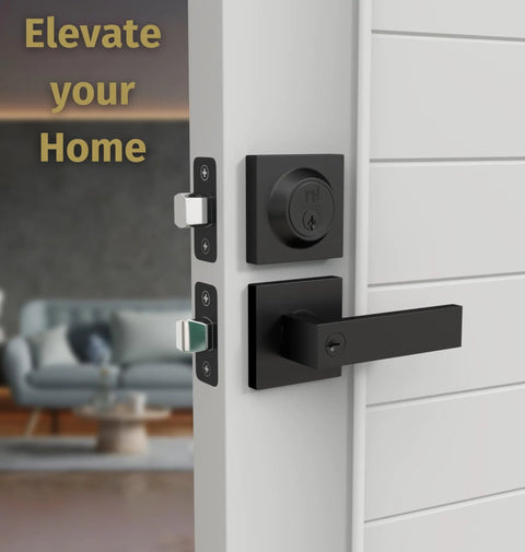 Heavy Duty Entrance Door Levers Set With Entry Lever Handle, Single Cylinder Deadbolt Lock And Keyed Entry, Matte Black Finish on door