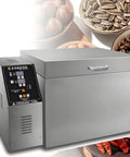 Heavy Duty Commercial Digital Coffee Bean And Nut Roaster Machine With Slick Temperature Controls And Smooth Rotating Drum, stainless steel construction, front view.