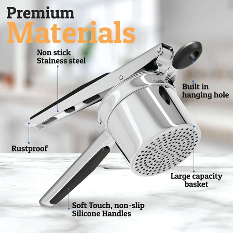 Large 15oz Potato Ricer And Stainless Steel Masher For Smooth Fluffy Mash Potatoes Quick Press No Fuss Mash Kitchen Gadget side view