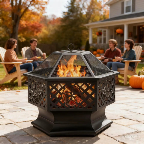 Hexagon 28 Inch Wood Burning Fire Pit With Spark Screen And Poker for outdoor fun, black durable steel, in backyard setting