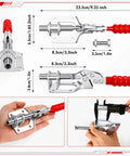 12 Pack 302F Toggle Clamps 300 Pound Heavy Duty Push Pull Hold Down For Woodworking With 180 Degree Swivel Handle Knockout Grip shown with dimensions on a white background.