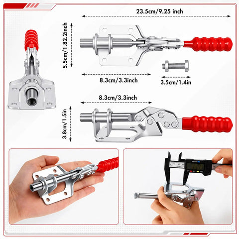 12 Pack 302F Toggle Clamps 300 Pound Heavy Duty Push Pull Hold Down For Woodworking With 180 Degree Swivel Handle Knockout Grip shown with dimensions on a white background.