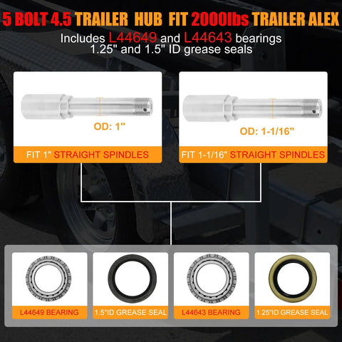 Diagram of Beefed Up 5 Lug Trailer Hub Kit 4.5 Inch Pattern Fits 1 Inch And 1-1/16 Inch Straight Spindles Up To 2000 Lbs with bearings