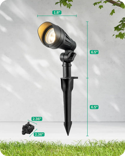 Low Voltage LED Landscape Lights 4 Pack, 3.2W 240LM, spotlight dimensions on grass background