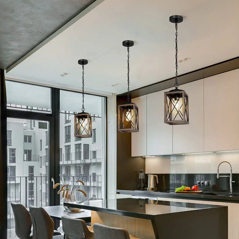 Cozy Farmhouse Pendant Light Metal Hanging Light Fixture With Wooden Grain Finish in modern kitchen setting
