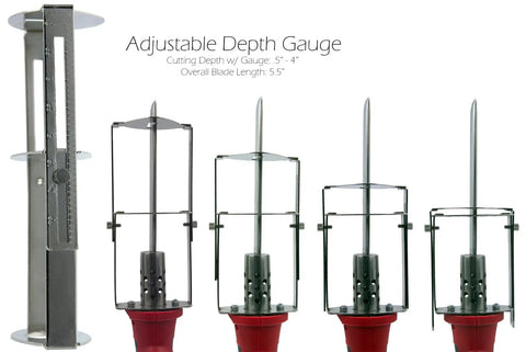 Heavy Duty 150 Watt Hot Knife With 5.5 Inch Blade adjustable depth gauge showing cutting variations and overall length.