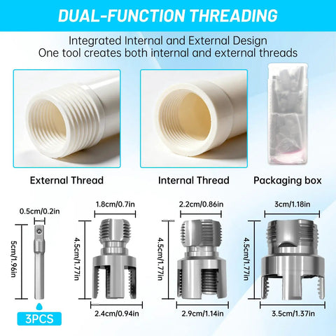 Dual Function PVC Pipe Threader Kit For One Half Inch Three Quarter Inch And One Inch Pipes Internal And External Threading Tool, showing threading details and parts.