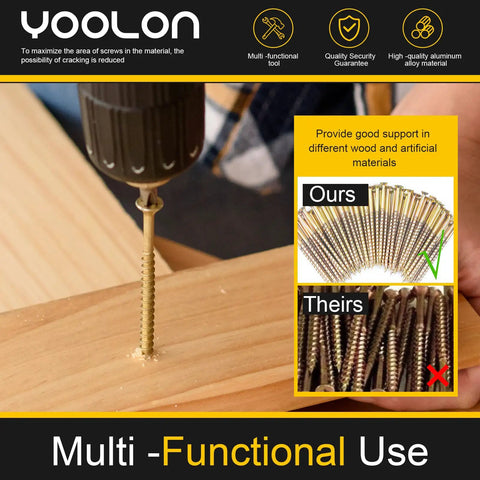 Drill inserting screw into wood, showcasing Ultimate Floor Repair Kit With 250 Replacement Screws To Stop Squeaks And Floor Noise