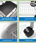 Grill Table Cart For 22 Inch And 18 Inch Original Kettle Charcoal Grills, features close-up of stainless steel top and lockable wheel.