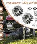Two Pack Pinion Gear 13T 42661 VH7 000 Direct Replacement For Honda HRR216 And HRX217 Series Lawn Mowers displayed with parts