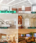 Images of Sixteen Pack 6 Inch Ultra Thin Canless LED Recessed Lights with different color temperatures in various rooms.