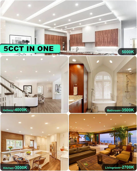 Images of Sixteen Pack 6 Inch Ultra Thin Canless LED Recessed Lights with different color temperatures in various rooms.