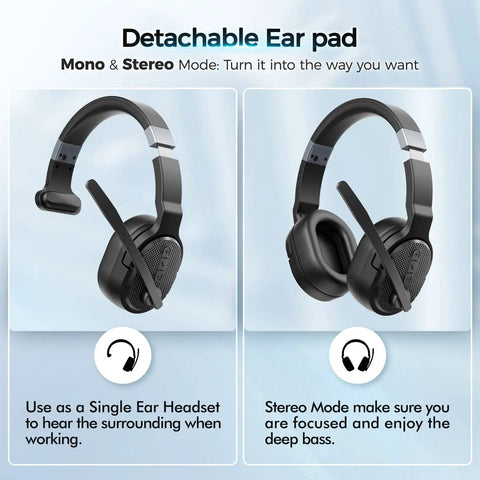 Trucker Bluetooth Headset With Noise Canceling Microphone And Long Battery Life Wireless Headphones With Detachable Ear Pad Single And Dual Mode For Office Driving And Home