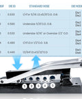 Heavy Duty Ferrule Crimping Tool For Air Hose Repair Kit With Five Dies And 100 Ferrules, Crimps Three Eighths Inch, Five Sixteenths Inch, And One Quarter Inch ID Hoses, Beefy Ductile Iron Construction For Quick Pro Style Repairs shown with die size chart.