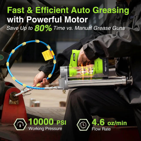 Person using Electric Grease Gun Kit With Quick Release Coupler Battery Powered Two Batteries And Charger Heavy Duty High Flow 4.6 Oz Per Minute At 10000 PSI For Tractor Truck Trailer And Equipment Maintenance on vehicle.