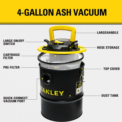 Heavy Duty 4 Gallon Ash Vacuum For Wood Stoves And Fireplaces, featuring large handle, cartridge filter and dust tank.