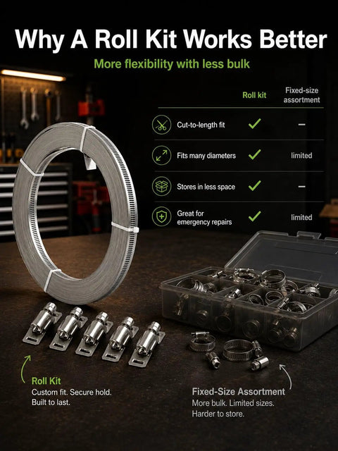 Heavy Duty Hose Clamp Roll Kit With Adjustable Metal Bands And Worm Gears For Custom Sizing, Secure Grip On Silicone Hoses And PVC Pipes, Ultimate Band Fittings Strap Solution For Auto Repair And Plumbing Jobs, roll kit with banding and clamps