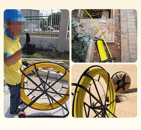 Fiberglass Fish Tape Wire Cable Puller Rod Duct Rodder 6mm 328ft in use, showing wiring through conduit with steel bracket frame.