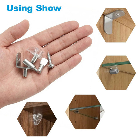 Heavy Duty Nickel Plated Shelf Pegs Pins Kit 80 Piece Set showing hardware in hand, including screws and brackets for shelving.