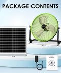 Package contents of 20 Inch Solar Powered Cordless Camping Fan With Rechargeable Battery For Outdoor Use High Airflow 360 Degree Tilt