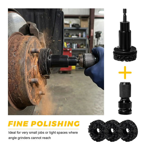 Grease Monkey Approved Wheel Hub Cleaning Kit With Drill Adapter and Seven Abrasive Pads for Rust Removal on Lug Studs in Use