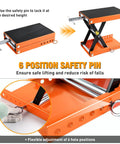 Beefy 1100Lb Motorcycle Lift Jack With Wide Deck And Safety Pin, adjustable 3.4 to 14.2 inch hoist stand for motorcycles, orange.