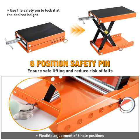 Beefy 1100Lb Motorcycle Lift Jack With Wide Deck And Safety Pin, adjustable 3.4 to 14.2 inch hoist stand for motorcycles, orange.
