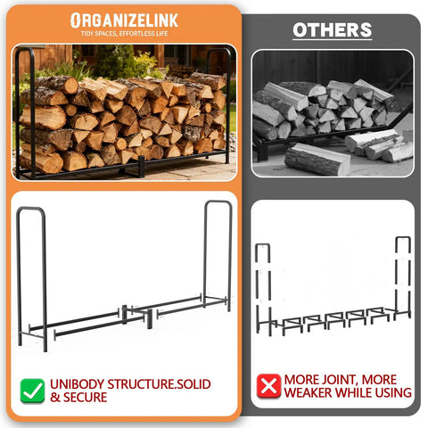 8Ft Firewood Rack With All Weather Cover For Indoor Outdoor Use, Heavy Duty Square Steel Log Holder And Storage Organizer, Stable, Double Powder Coated Frame Keeps Firewood Neat And Dry, comparison with unibody structure vs joint structure