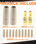 Heavy Duty 14 Pcs Set Of 0.8mm KP1939 Mig Welding Ceramic Nozzle Tips With Non Stick Coating includes 2 gas nozzles, 2 diffusers, and 10 tips.