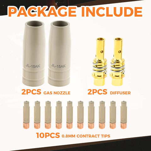 Heavy Duty 14 Pcs Set Of 0.8mm KP1939 Mig Welding Ceramic Nozzle Tips With Non Stick Coating includes 2 gas nozzles, 2 diffusers, and 10 tips.