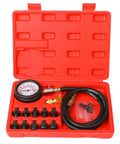 Oil pressure tester kit in a red case with dial gauge, coiled hose, and brass fittings (0-140 psi)