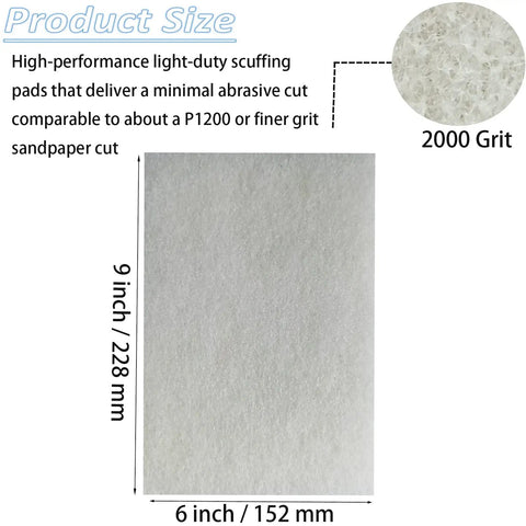Premium Scuff Pads 10 Pack 6X9 Inch 2000 Grit Heavy Duty Scrubbing Pads for Auto Body Prep with white synthetic finish.
