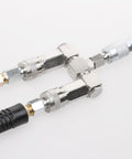 2-Way Air Hose Splitter Manifold with Quick Connect Fittings and Industrial Type Plug on white background.